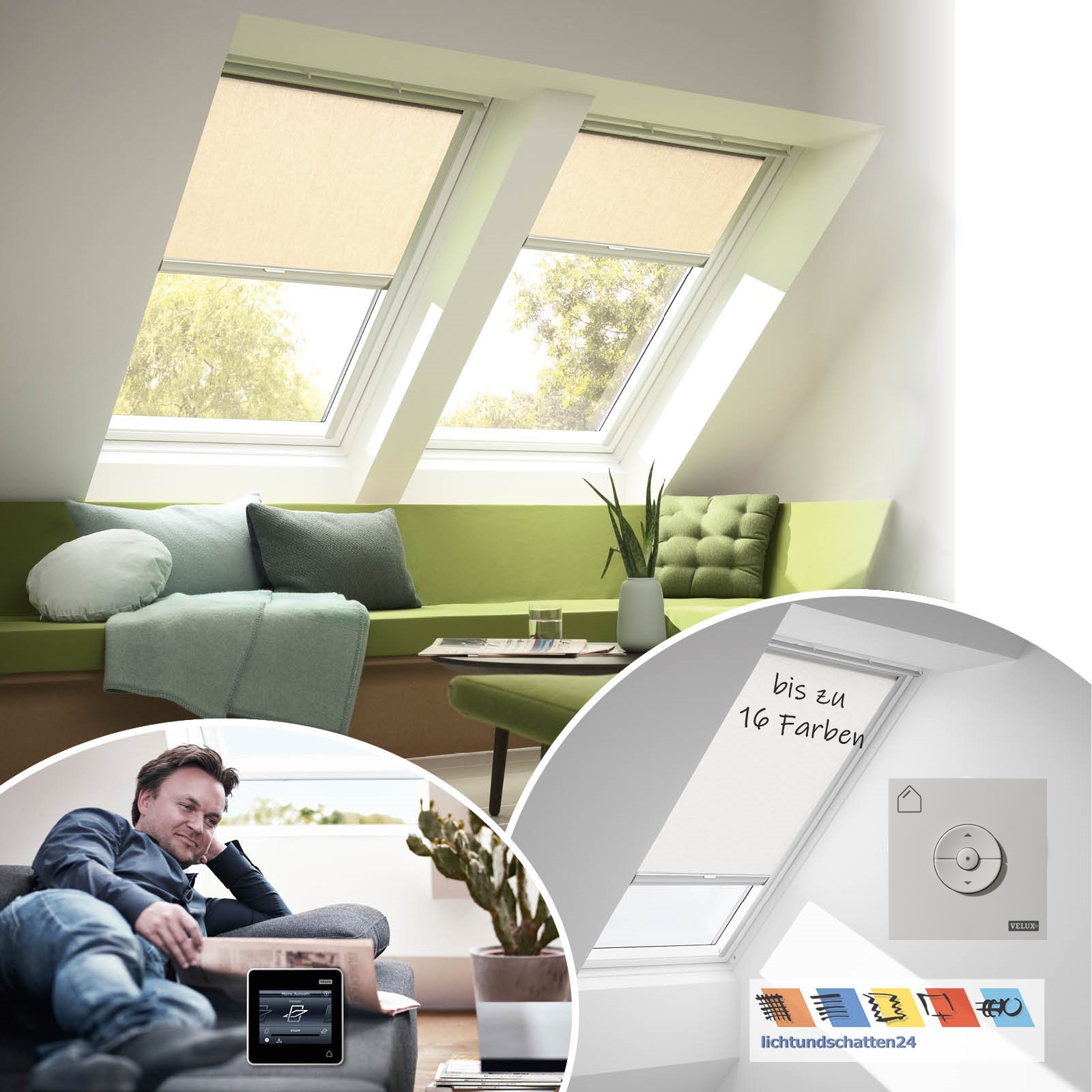 VELUX Sichtschutzrollo RML elektrisch mit Funkwandschalter in 16 Farben